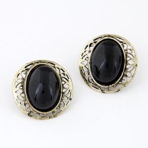 Hollow Rim Design Gem Inlaid Bold Ear Studs - Black