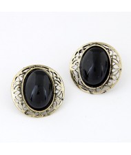 Hollow Rim Design Gem Inlaid Bold Ear Studs - Black