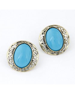 Hollow Rim Design Gem Inlaid Bold Ear Studs - Blue