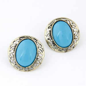 Hollow Rim Design Gem Inlaid Bold Ear Studs - Blue