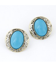 Hollow Rim Design Gem Inlaid Bold Ear Studs - Blue