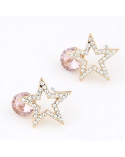 Korean Fashion Czech Rhinestone Inlaid Lucky Star Ear Studs - Pink