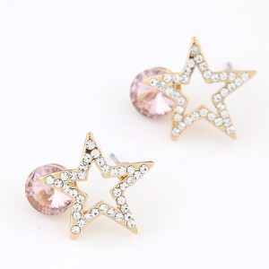 Korean Fashion Czech Rhinestone Inlaid Lucky Star Ear Studs - Pink
