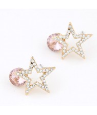 Korean Fashion Czech Rhinestone Inlaid Lucky Star Ear Studs - Pink
