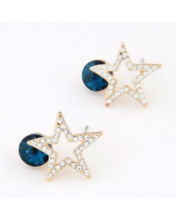 Korean Fashion Czech Rhinestone Inlaid Lucky Star Ear Studs - Blue