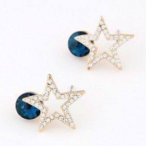 Korean Fashion Czech Rhinestone Inlaid Lucky Star Ear Studs - Blue