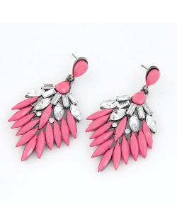 Rhinestone Embedded Dense Leaves Design Bohemian Ear Studs - Pink