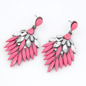 Rhinestone Embedded Dense Leaves Design Bohemian Ear Studs - Pink