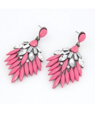 Rhinestone Embedded Dense Leaves Design Bohemian Ear Studs - Pink