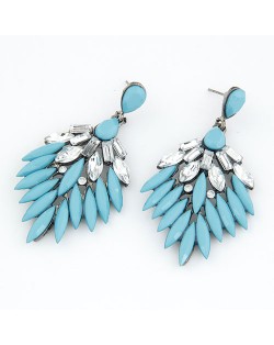 Rhinestone Embedded Dense Leaves Design Bohemian Ear Studs - Blue
