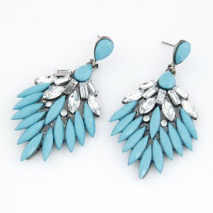 Rhinestone Embedded Dense Leaves Design Bohemian Ear Studs - Blue