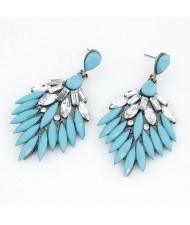 Rhinestone Embedded Dense Leaves Design Bohemian Ear Studs - Blue