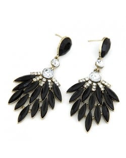 Rhinestone Embedded Dense Leaves Design Bohemian Ear Studs - Black