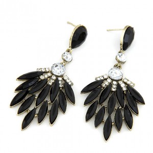 Rhinestone Embedded Dense Leaves Design Bohemian Ear Studs - Black