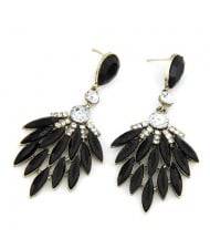 Rhinestone Embedded Dense Leaves Design Bohemian Ear Studs - Black
