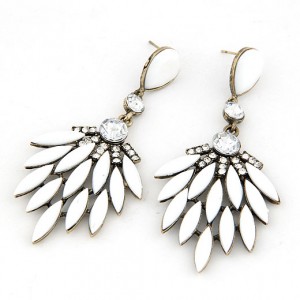 Rhinestone Embedded Dense Leaves Design Bohemian Ear Studs - White