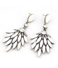 Rhinestone Embedded Dense Leaves Design Bohemian Ear Studs - White