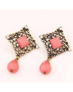 Rhinestone Inlaid Hollow Square with Water Drop Design Ear Studs - Red