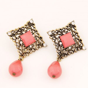 Rhinestone Inlaid Hollow Square with Water Drop Design Ear Studs - Red