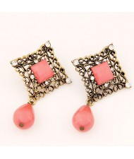 Rhinestone Inlaid Hollow Square with Water Drop Design Ear Studs - Red