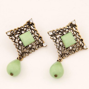 Rhinestone Inlaid Hollow Square with Water Drop Design Ear Studs - Green