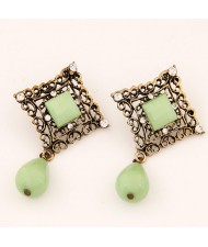 Rhinestone Inlaid Hollow Square with Water Drop Design Ear Studs - Green