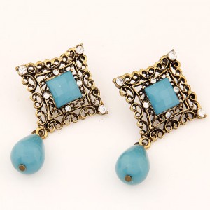 Rhinestone Inlaid Hollow Square with Water Drop Design Ear Studs - Blue