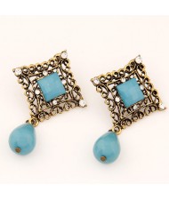Rhinestone Inlaid Hollow Square with Water Drop Design Ear Studs - Blue