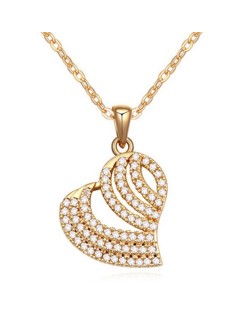 Austrian Zircon Inlaid Hollow Profile Design Heart Pendant Necklace - Golden