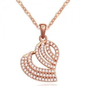 Austrian Zircon Inlaid Hollow Profile Design Heart Pendant Necklace - Rose Gold