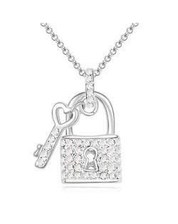Romantic Key and Lock Pendant Austrian Crystal Necklace - White