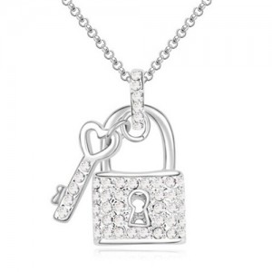 Romantic Key and Lock Pendant Austrian Crystal Necklace - White