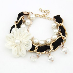 Korean Fashion Cloth Flower Pearl and Metallic Chain Combo Bracelet - Black