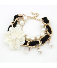 Korean Fashion Cloth Flower Pearl and Metallic Chain Combo Bracelet - Black