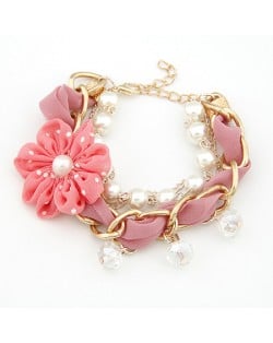 Korean Fashion Cloth Flower Pearl and Metallic Chain Combo Bracelet - Pink