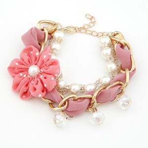 Korean Fashion Cloth Flower Pearl and Metallic Chain Combo Bracelet - Pink