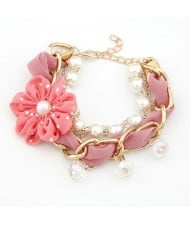 Korean Fashion Cloth Flower Pearl and Metallic Chain Combo Bracelet - Pink