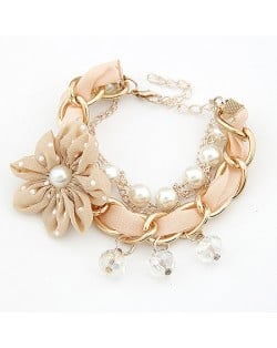 Korean Fashion Cloth Flower Pearl and Metallic Chain Combo Bracelet - Khaki