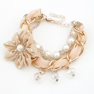 Korean Fashion Cloth Flower Pearl and Metallic Chain Combo Bracelet - Khaki