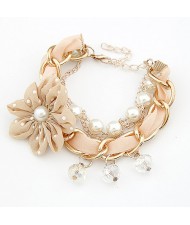 Korean Fashion Cloth Flower Pearl and Metallic Chain Combo Bracelet - Khaki