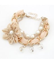 Korean Fashion Cloth Flower Pearl and Metallic Chain Combo Bracelet - Khaki