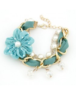 Korean Fashion Cloth Flower Pearl and Metallic Chain Combo Bracelet - Green