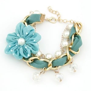 Korean Fashion Cloth Flower Pearl and Metallic Chain Combo Bracelet - Green