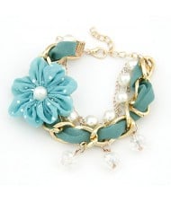 Korean Fashion Cloth Flower Pearl and Metallic Chain Combo Bracelet - Green