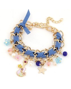 Cute Korean Fashion Guitar and Flowers Pendants Design Bracelet - Blue