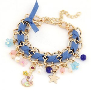 Cute Korean Fashion Guitar and Flowers Pendants Design Bracelet - Blue