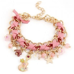 Cute Korean Fashion Guitar and Flowers Pendants Design Bracelet - Pink