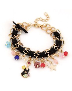 Cute Korean Fashion Guitar and Flowers Pendants Design Bracelet - Black