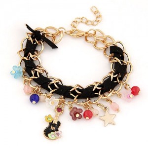 Cute Korean Fashion Guitar and Flowers Pendants Design Bracelet - Black
