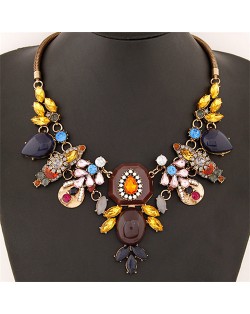 Various Color Floral Pattern Design Fashion Necklace - Brown Gem Pendant